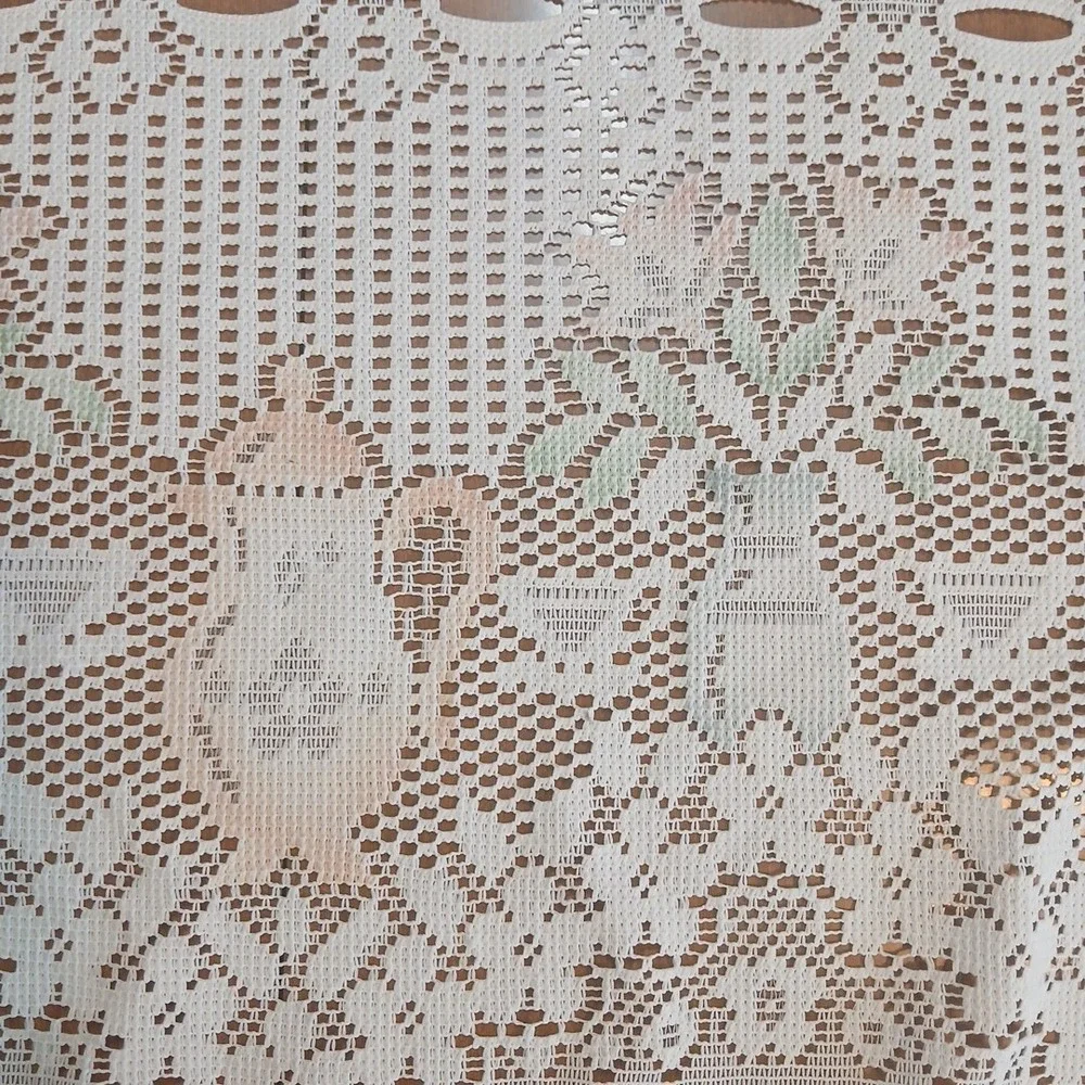 (2)Lace Panels & Valance WHITE Flowers And Tea Kettle/Percolator Granny Core